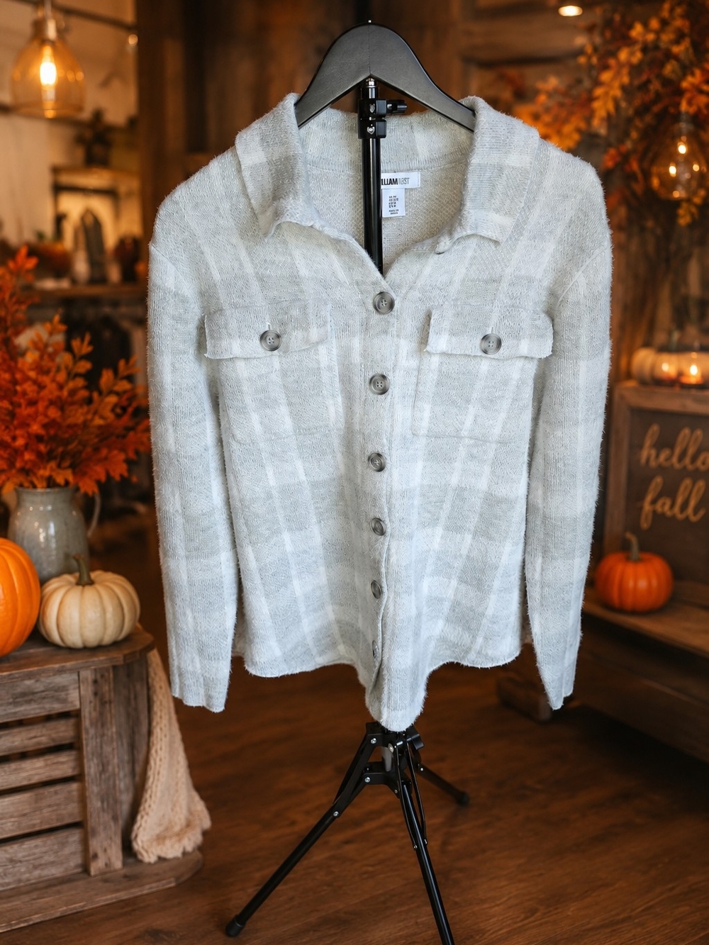 Cozy Plaid Button-Front Sweater Shacket Jacket - Light Gray Size M